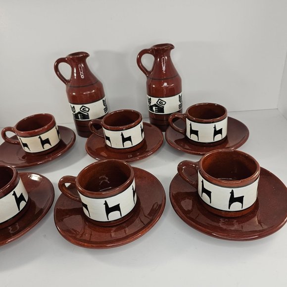 Los Reyes Lima Peru Art Pottery Cup Saucer Pitcher Llama Alpaca Ca Hand Painted - Picture 2 of 16